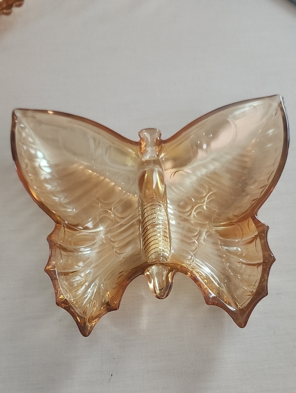 Vintage CarnivalGlass Marigold Butterfly Serving Dish Iridescent Golden Finish